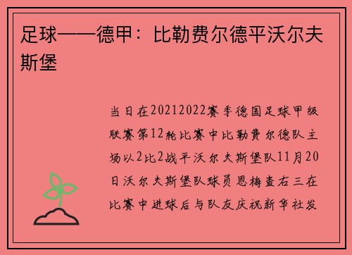 足球——德甲：比勒费尔德平沃尔夫斯堡