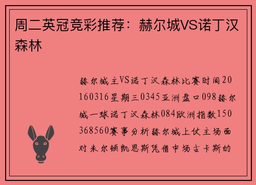 周二英冠竞彩推荐：赫尔城VS诺丁汉森林